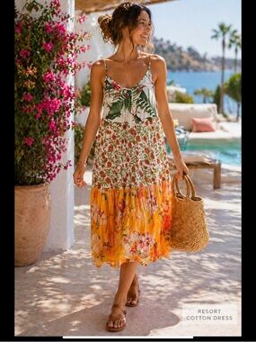 Roller Rabbit Tropical Floral Tiered Midi Cotton Lined Resort Boho Sundress L